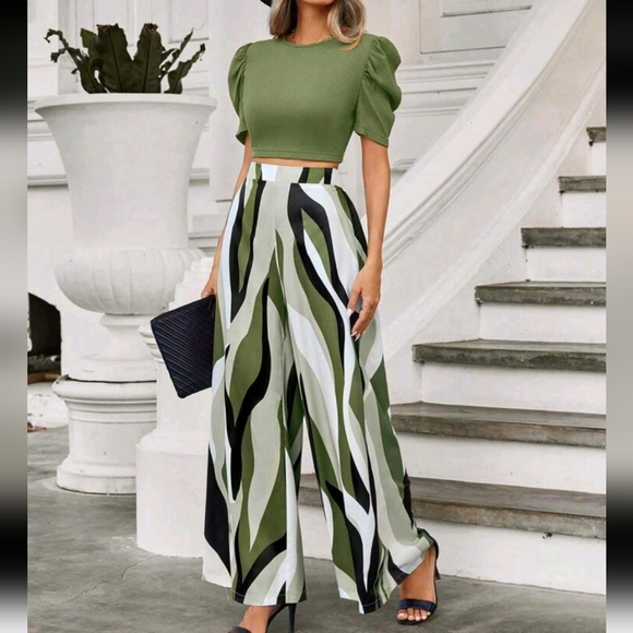 Women's Summer Solid Color Round Neck Crop Puff Sleeve Cropped Top And Pants - Picture 1 of 4